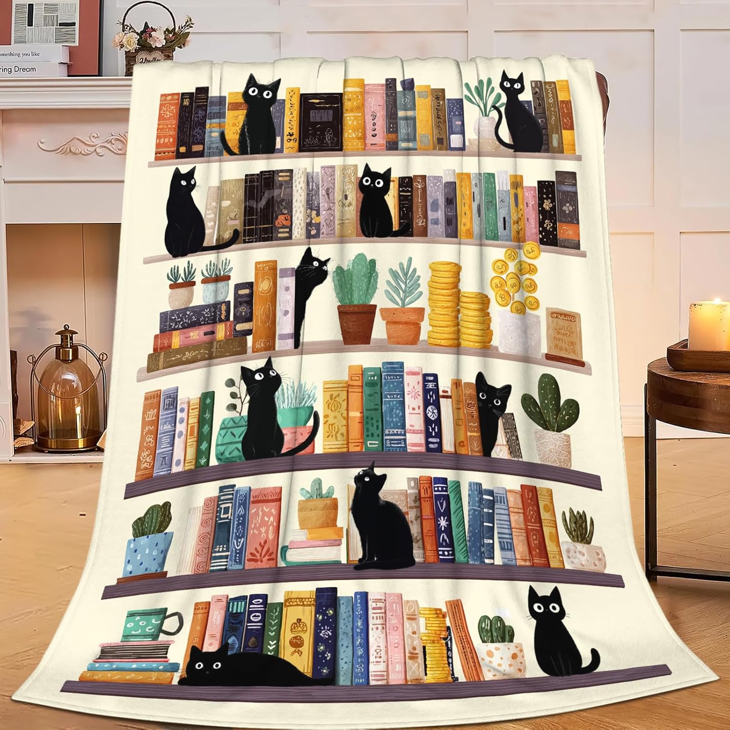 Black Cat Throw Blanket Book Cat Bookshelf Stuff Gifts for Kids Girls Boys Adults Women Men Soft Cozy Warm Plush Fluffy Fuzzy Fleece Blanket Decor 60''X80''