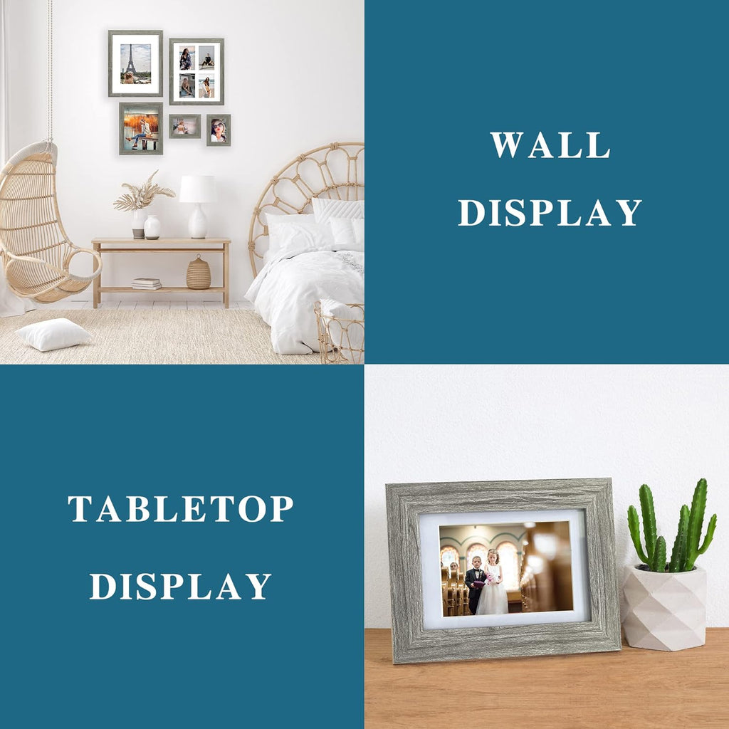 4x6 Picture Frame Set of 4, Made of Real Glass and Grey Wooden Frame, 4 by 6 Photo for Wall or Tabletop - Display Picture 3.5x5 with Mat or 4x6 Without Mat