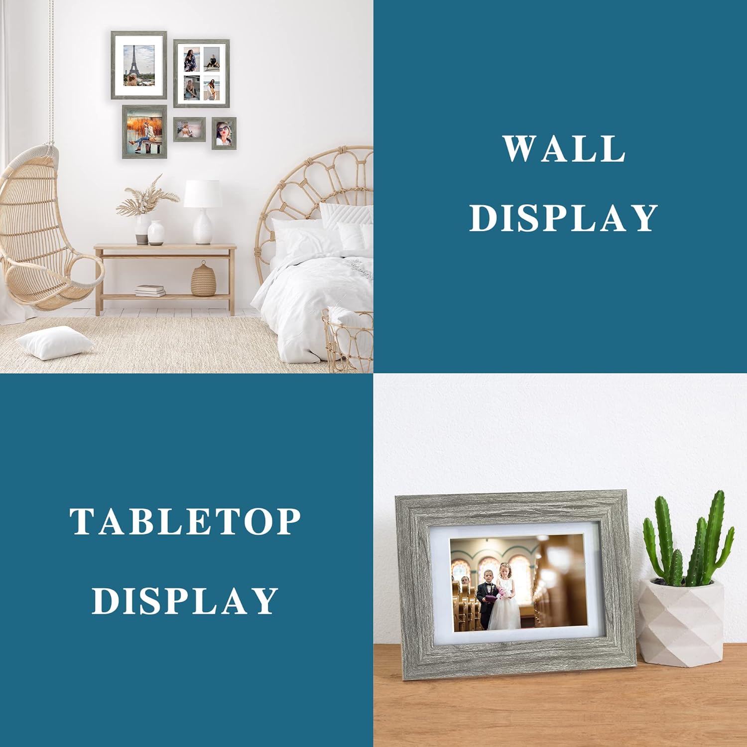 4x6 Picture Frame Set of 4, Made of Real Glass and Grey Wooden Frame, 4 by 6 Photo for Wall or Tabletop - Display Picture 3.5x5 with Mat or 4x6 Without Mat