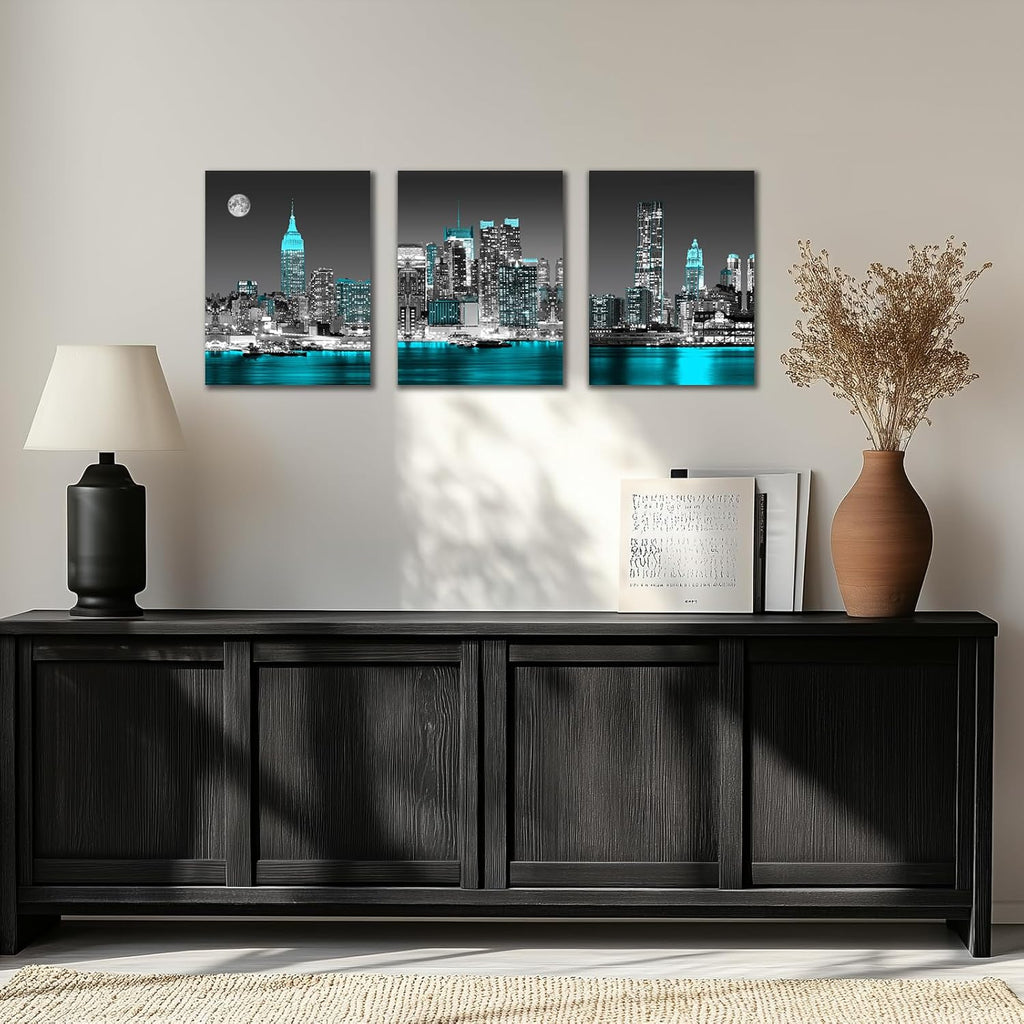 The Mode Art 3 Panels City Night View Picture Canvas Print blue Cityscape Poster Photo Painting Modern Wall Artwork for Home Office Living Room Bedroom Decor Gallery Wrap 12x16inch