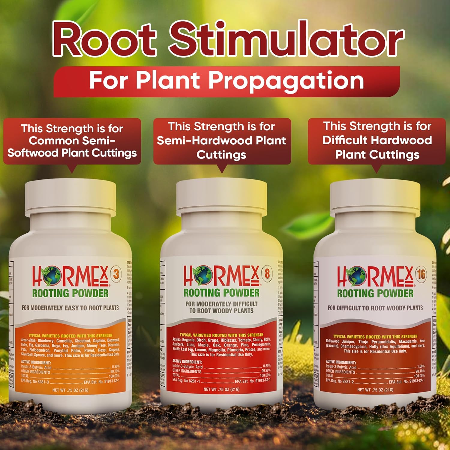 Hormex Rooting Powder Combo #3, 8, 16 (0.30-1.6 IBA) - Rooting Hormone for Common Home Garden Plants to Very Difficult Hardwood, Medicinal and Tree Cuttings - Root Stimulator for Plant Cloning