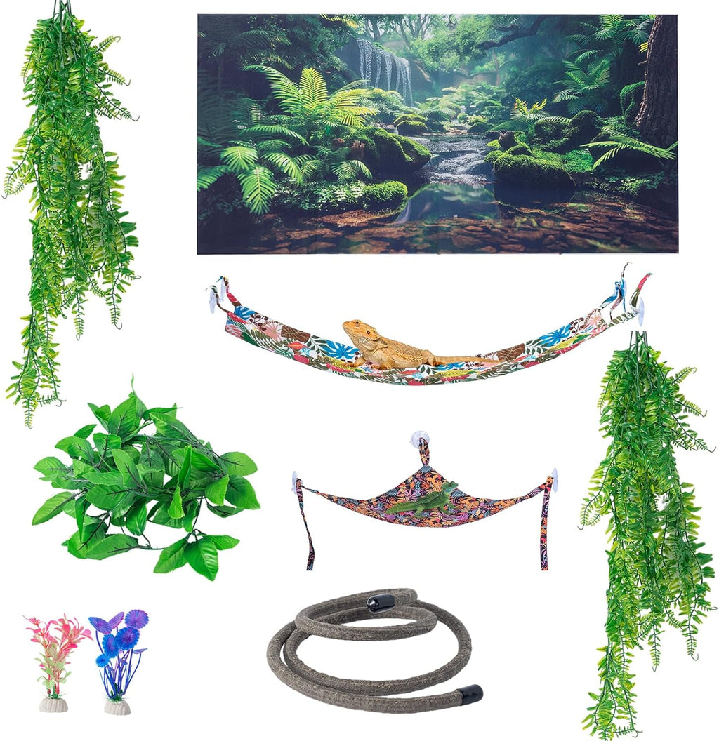 COMSUN 9 PCS Bearded Dragon Tank Accessories, Plastic Reptile Plants, Flexible Vine Jungle Climb with Leaves, Polyester Bearded Dragon Hammocks, Background Decoration for Gecko Chameleon Snake Lizard