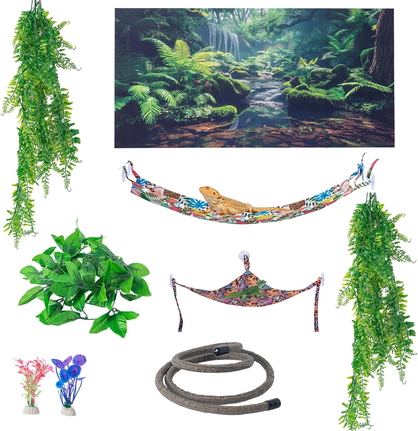 COMSUN 9 PCS Bearded Dragon Tank Accessories, Plastic Reptile Plants, Flexible Vine Jungle Climb with Leaves, Polyester Bearded Dragon Hammocks, Background Decoration for Gecko Chameleon Snake Lizard