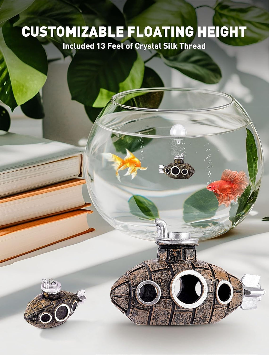 2.1 in Mini Floating Submarine Fish Tank Decoration, Safe Resin Aquarium Decoration for Betta Toys, Cichlid, Goldfish, Shrimps and Hermit Crabs, Cute Retro Underwater Fish Tank Accessories