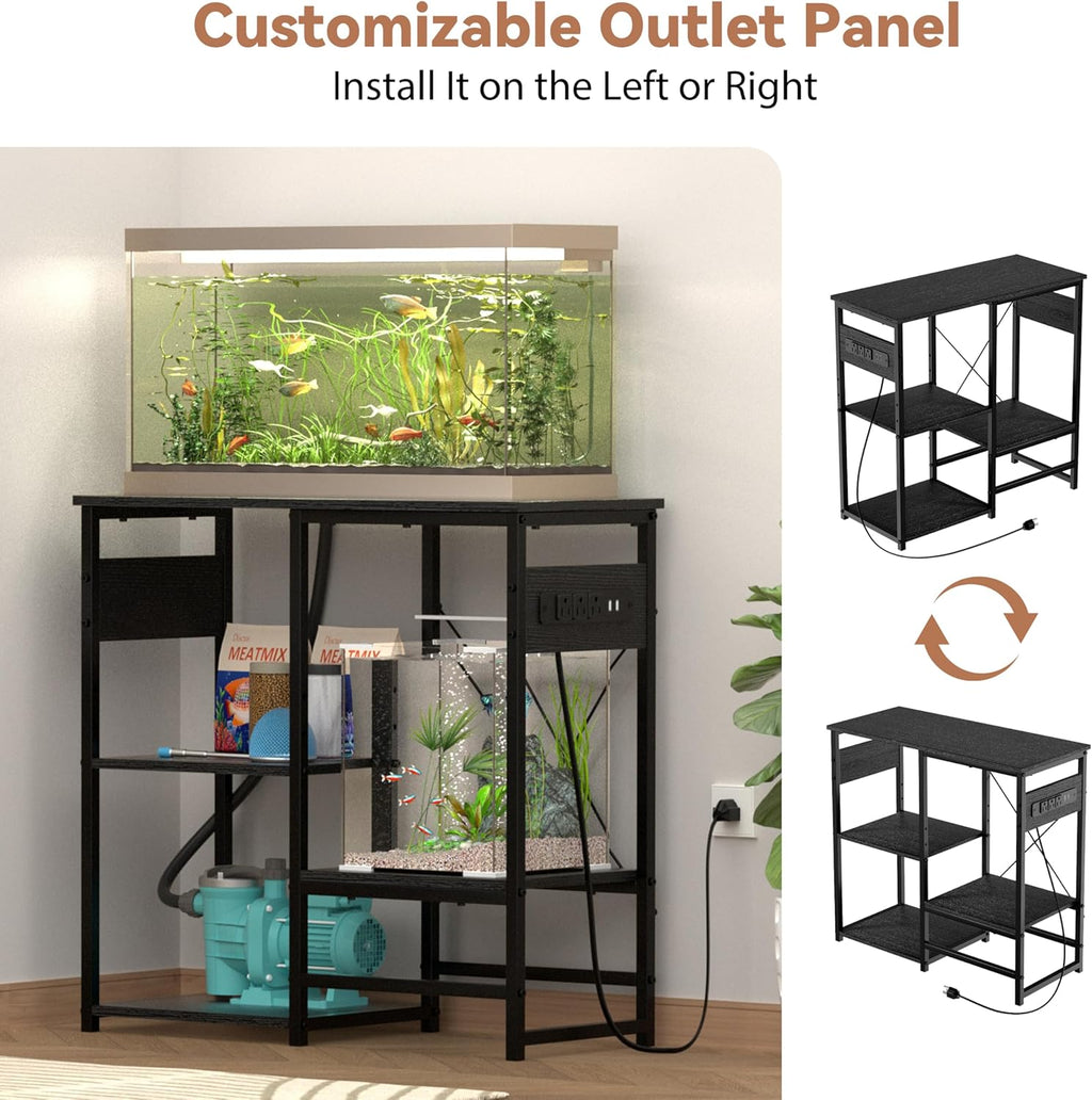 GRLEAF 20-30 Gallon Fish Tank Stand with Power Outlets, 4 Tier Metal Aquarium Stand with Wood Storage Shelves, 30.7" L x 13.8" W x 30.3" H Turtle Reptile Fish Tank Table Aquarium Table - Black