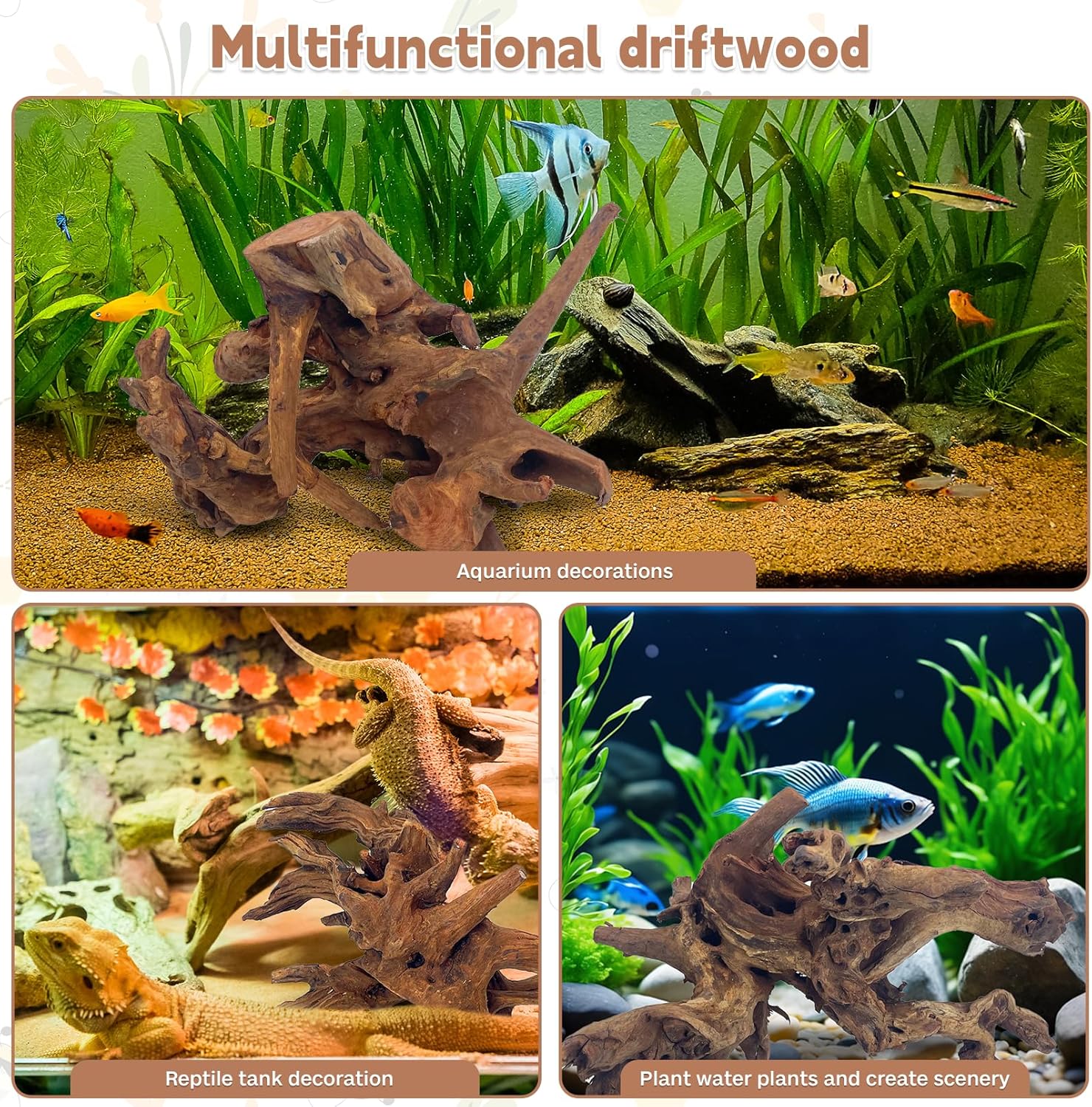 PINVNBY Natural Driftwood for Aquarium Fish Tank Decorations Assorted Branches Bearded Dragon Tank Accessories Terrarium Decor (6.5-12 inches/4 Pack)