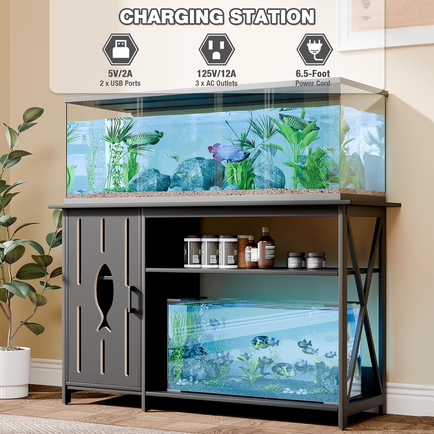 55-75 Gallon Aquarium Stand with Power Outlets,Fish Tank Stand with Cabinet&LED Light,Aquarium Stand for Fish Tank/Turtle Tank/Reptile Terrarium,1100LBS Capacity,Black