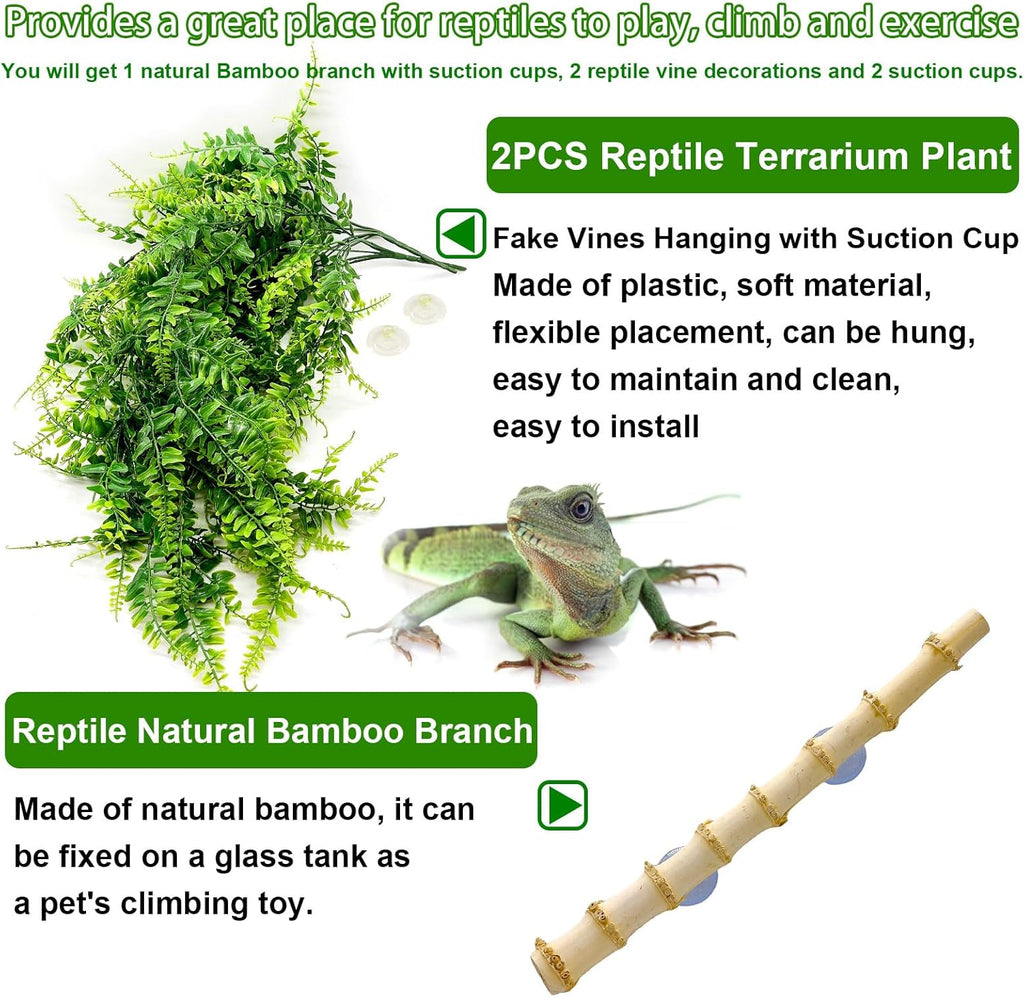 kathson Reptile Corner Branch Decor,Leopard Gecko Climbing Bamboo Wood with Suction Cup,Bearded Dragons Habitat Hanging Vines Plants Decoration,Lizards Tank Accessories for Amphibians,Snakes,Frogs