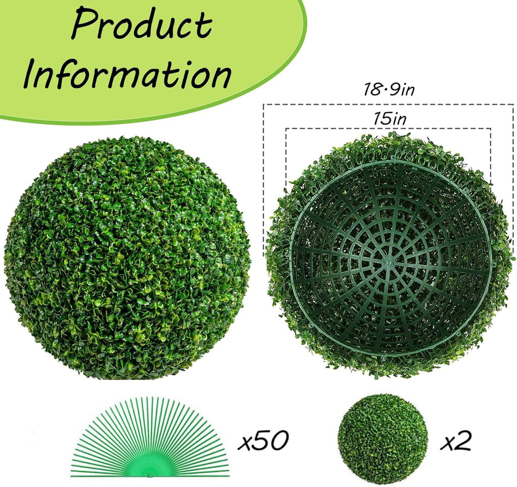 19 Inch 2 PCS 8 Layers Leaves Artificial Plant Topiary Balls, UV Resistant Faux Evergreen Boxwood for Indoor Outdoor Porch Garden Backyard Decor