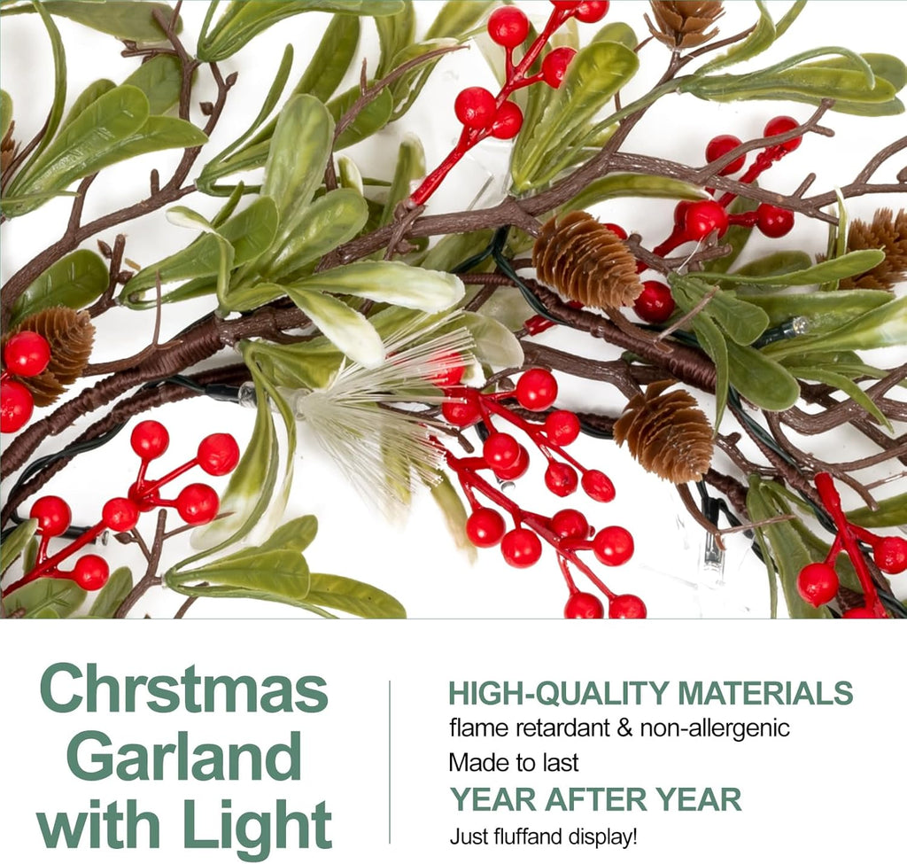 6.5FT Christmas Garland with Star Lights,Prelit Christmas Decorations,Lighted Garland with Battery Operated,Denser Realistic Olive Leaves Greenery Home Decor for Mantle Fireplace Table Indoor Outdoor