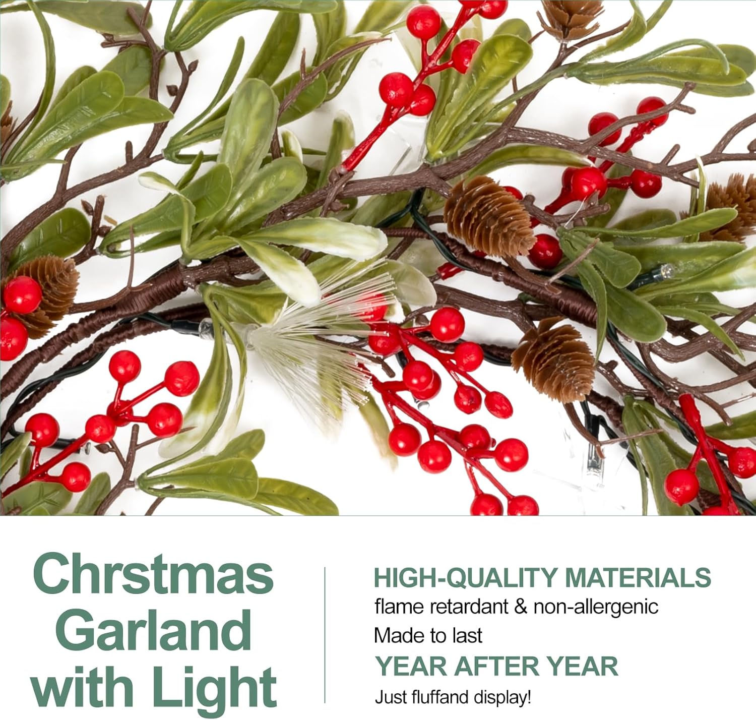 6.5FT Christmas Garland with Star Lights,Prelit Christmas Decorations,Lighted Garland with Battery Operated,Denser Realistic Olive Leaves Greenery Home Decor for Mantle Fireplace Table Indoor Outdoor