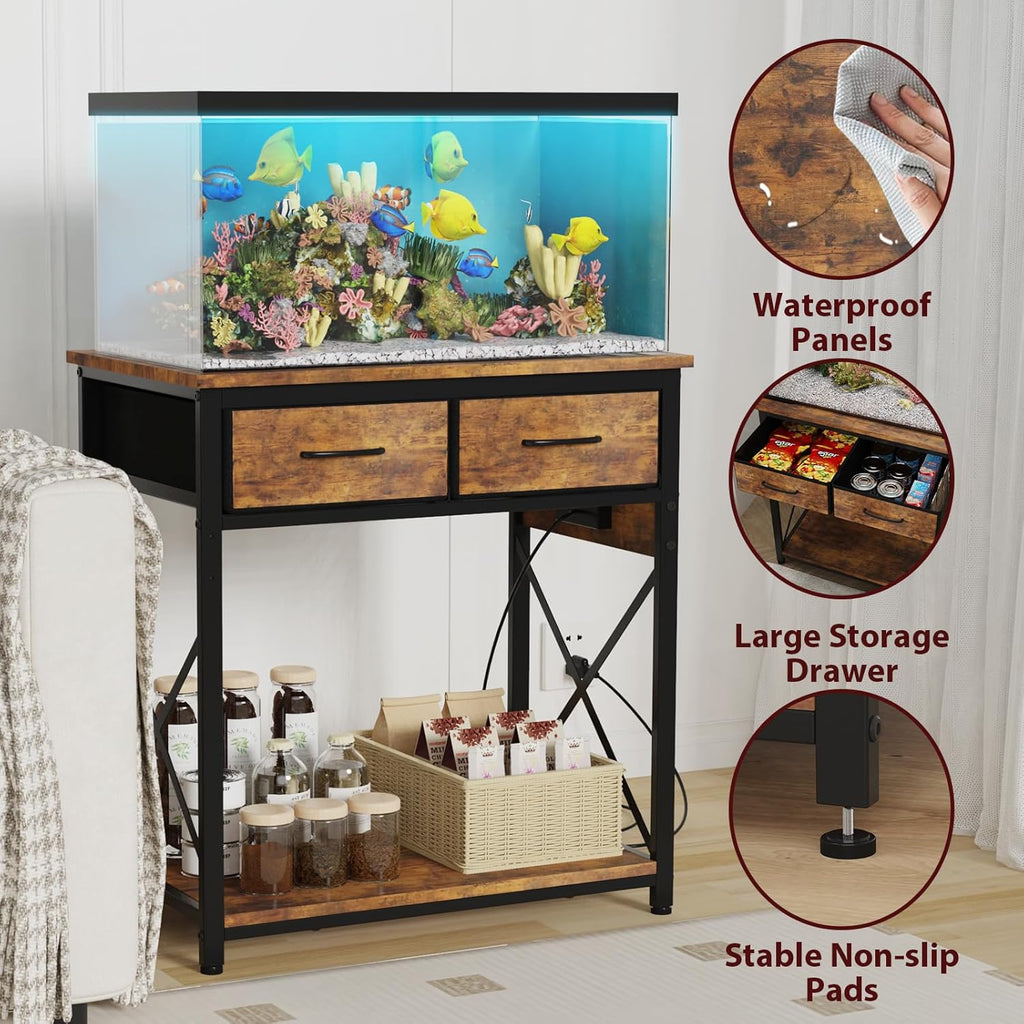 TFK 20-29-37Gallon Fish Tank Stand with Power Outlet, Heavy Duty Metal Aquarium Stand with Two Storage Drawers for Fish Tank Accessories Storage, Perfect for Turtle Tank, Reptile Terrarium, Brown