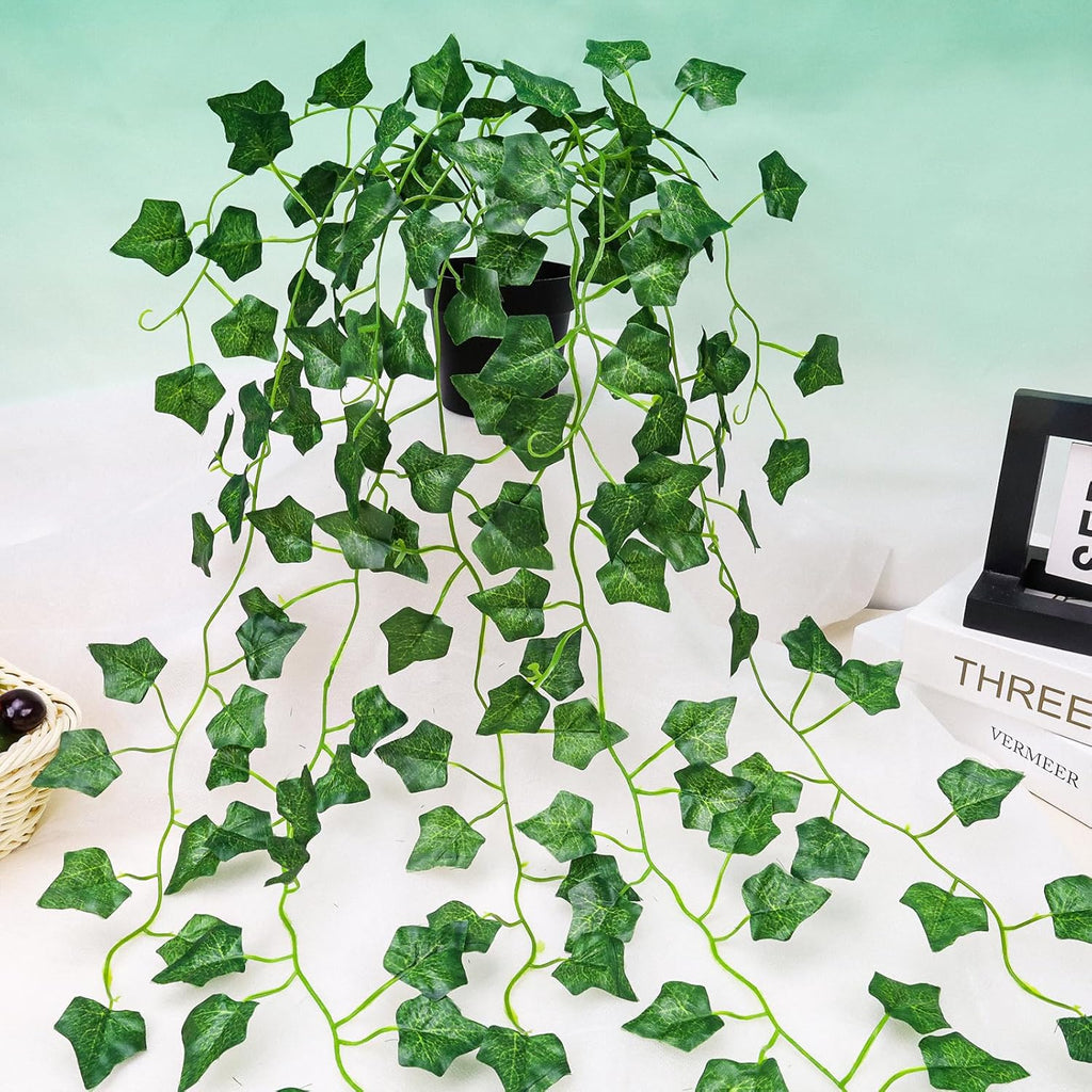 Folmywy 4 Pack Artificial Hanging Plants Vines with Pot Fake Vine Potted Plant Mixed Greenery Leaves Plant Theme Classroom Decoration for Indoor Outdoor Living Room Office Shelf