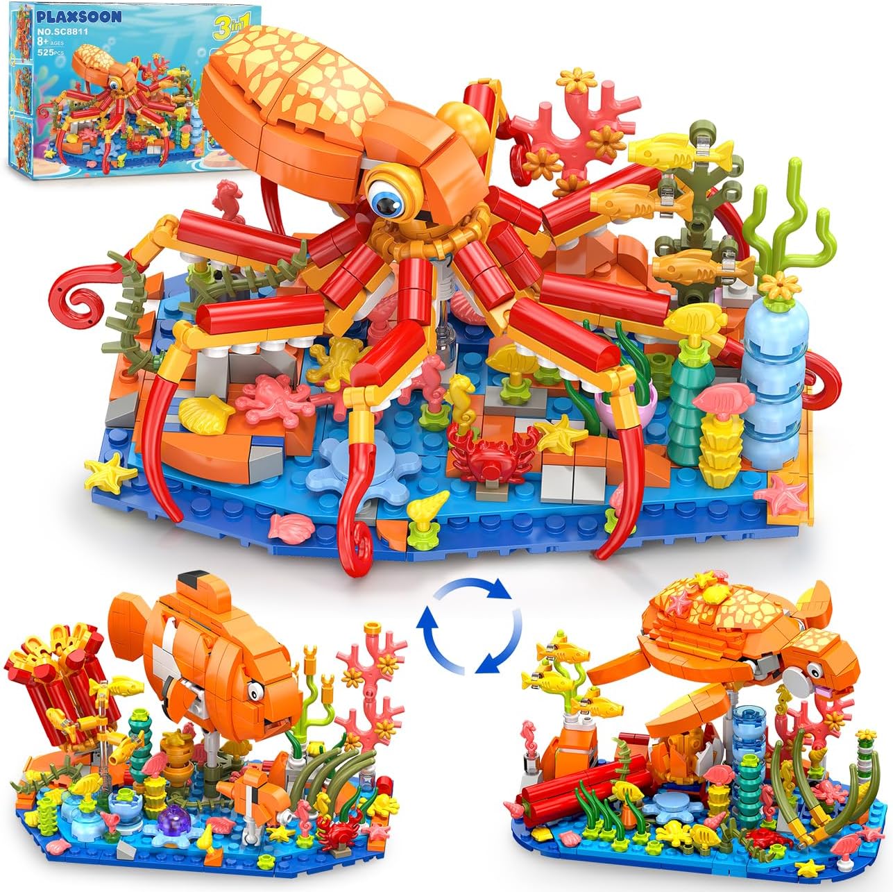 3 in 1 Animals Fish Turtle Octopus Building Set, Poseable Ocean Animal Building Block Toy for Office Home Decor, 525PCS Sea Creatures Kit, Birthday Gift for Adults Kids Boys Girls Ages 8-12+