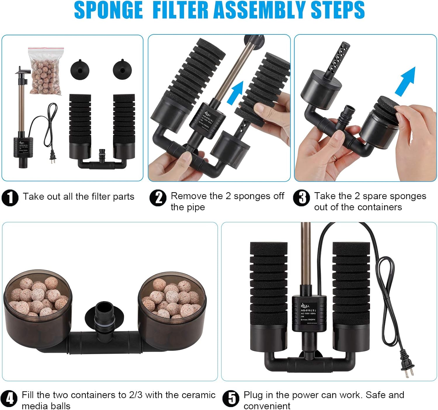 AQQA Aquarium Sponge Filter, Power Driven Double Biochemical Water Filter, Quiet Submersible Foam Filter with 2 Extra Sponges, 1 Bag of Filtered Ceramic Balls for Fresh and Salt Water Fish Tank (S)