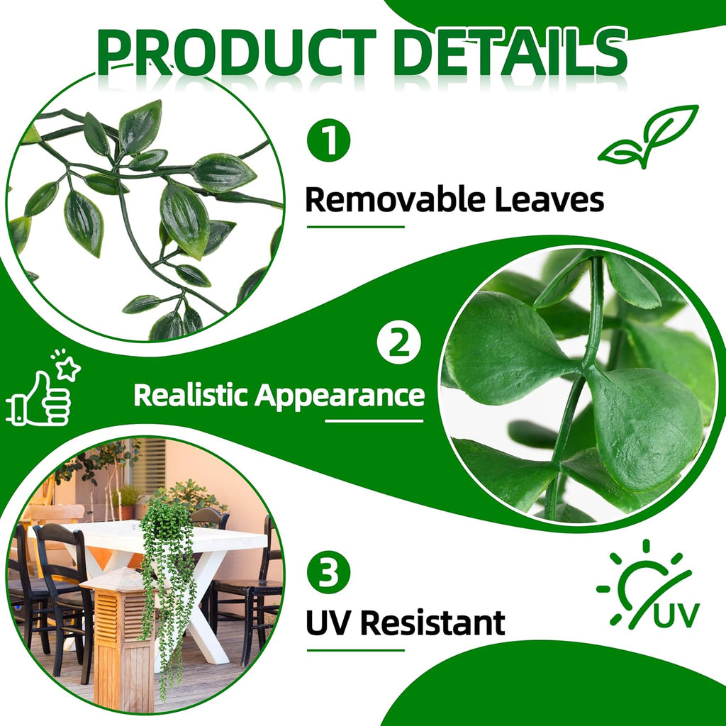 Palonu Artificial Hanging Plants for Shelf, 4 Pack Fake Potted Greenery Faux Eucalyptus Vine, Mandala Vine, String of Pearls,Pea pod Leaves in Pot for Office Living Room Bathroom Indoor Outdoor Décor