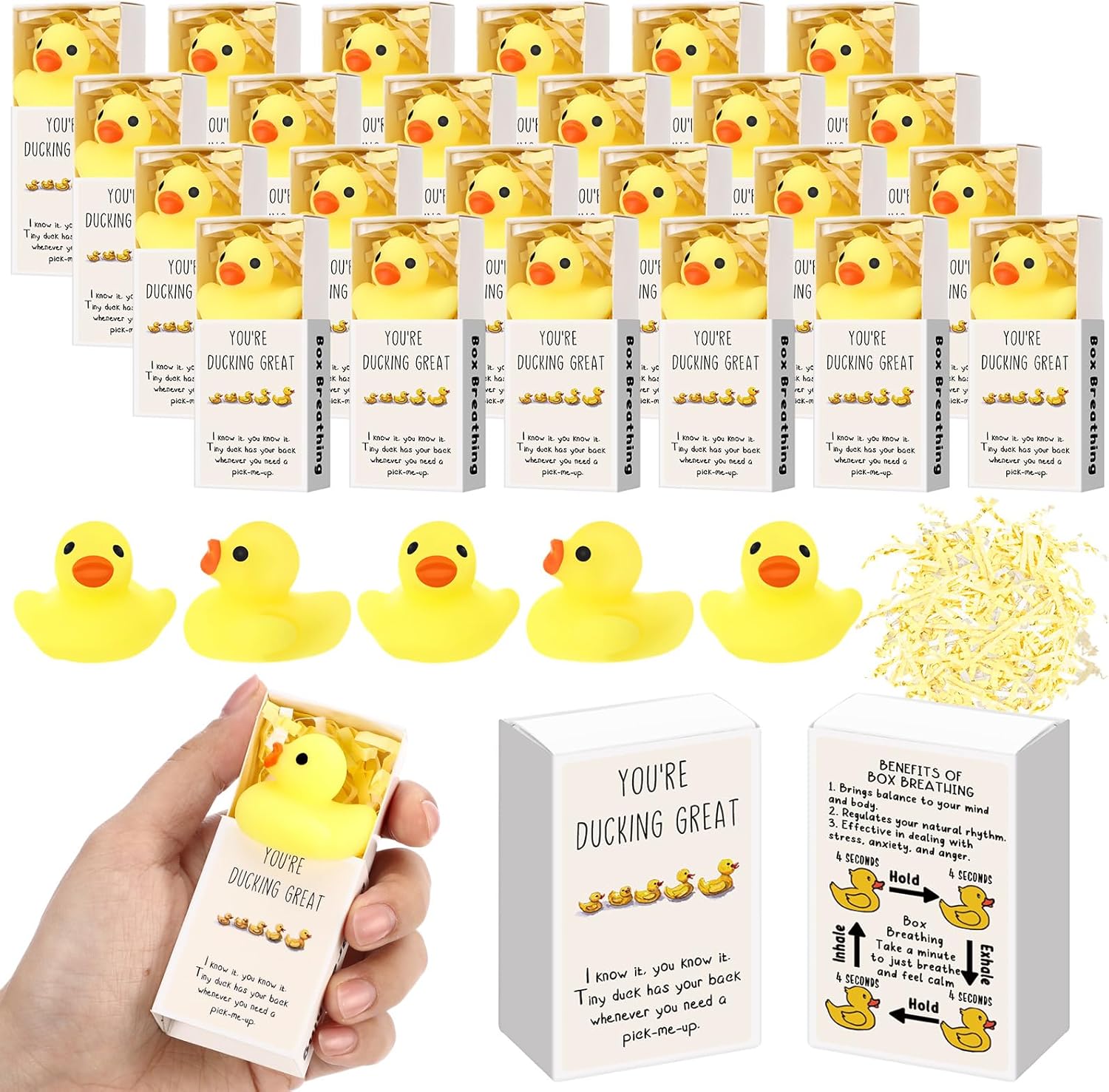 Wettarn 24 Sets Appreciation Gifts Duck Stress Balls with Support Gift Boxes Positive Party Favors for Employee Coworker Friend Office Stress Relief Toys Desk Decor