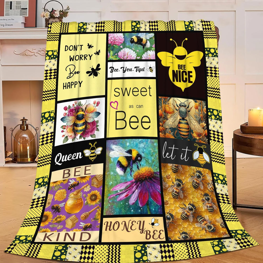 Bee Throw Blanket Bee Stuff Gifts for Kids Girls Boys Adults Women Men Soft Cozy Warm Plush Fluffy Fuzzy Fleece Blanket Decor 50''X60''