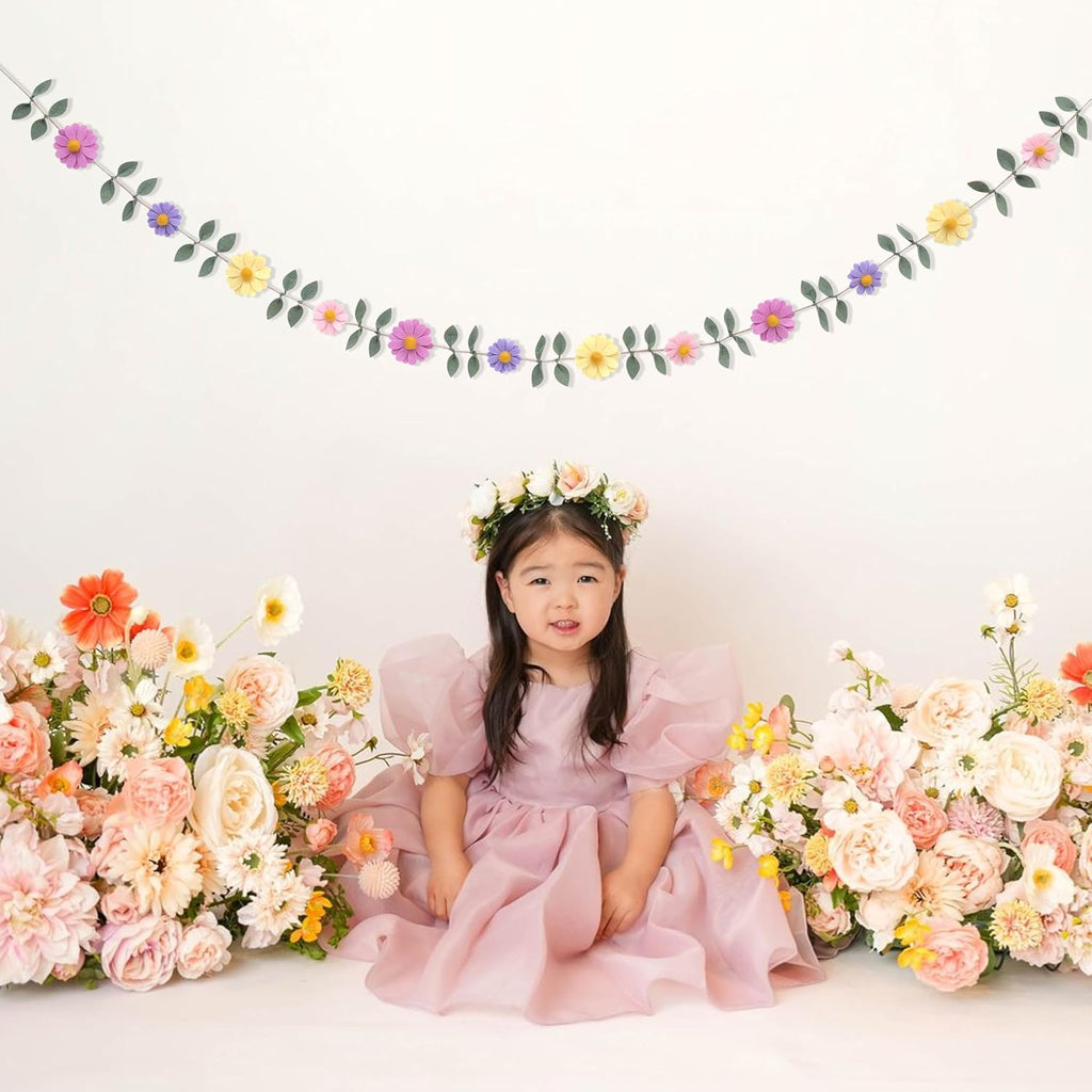 Felt Colorful Daisy Banner - Spring Birthday Wedding Party Decorations,Colorful Flowers Green Leaves Chain Garland,Flower Leaf Party Photo Props,Bohemian Daisy Home Room Hanging Garland