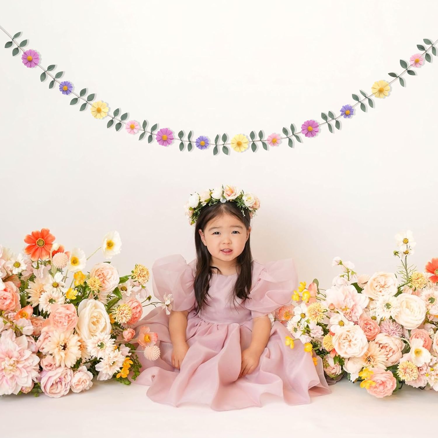 Felt Colorful Daisy Banner - Spring Birthday Wedding Party Decorations,Colorful Flowers Green Leaves Chain Garland,Flower Leaf Party Photo Props,Bohemian Daisy Home Room Hanging Garland