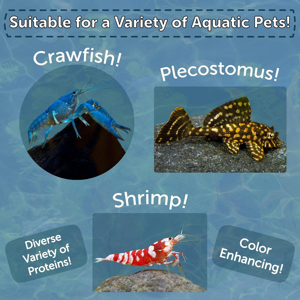 Aquatic Foods Inc. 4-Type 12mm - 1/2" Sinking Wafer Mix of Spirulina-Algae, Ultra-Worm, Shrimp, Color Enhancing for Shrimp, Snails, Crayfish, Bottom Fish, 12-Type Pellets Included 6.0oz Canister
