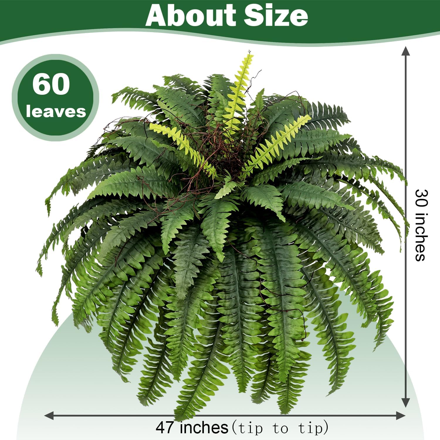 Large Artificial Ferns for Outdoor 47" Fake Boston Fern 60 Fronds Faux Ferns Plant Silk Greenery for Indoors Home Garden Porch Windowsill Decor (1 Stem)