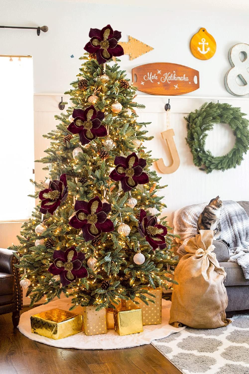 Briful 10’’ Large Heads Christmas Glitter Magnolia Flowers Christmas Tree Ornaments Set of 3 Artificial Flowers with Picks Stems for Xmas Tree Holiday Decorations, Burgundy