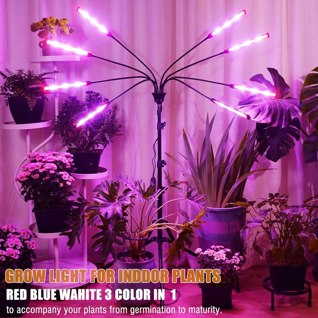 Grow Lights for Indoor Plants Full Spectrum with Stand and Timer, (Red+Blue+White) 8 Heads LED Plant Lights for Indoor Growing, Standing Floor House Plant Lamp for Seed Starting.