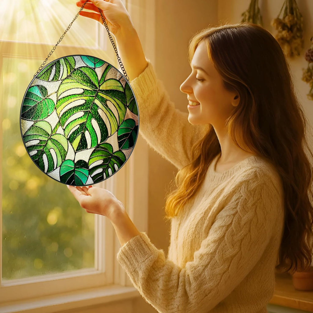 Stained Glass Window Hanging, 8 Inch Monstera Plant Stained Glass Suncatcher, Plant Sun Catcher, Plant Lover Decor, Plant Lover Gifts, Mother's Day, Birthday, Housewarming, Christmas, Festival Gifts