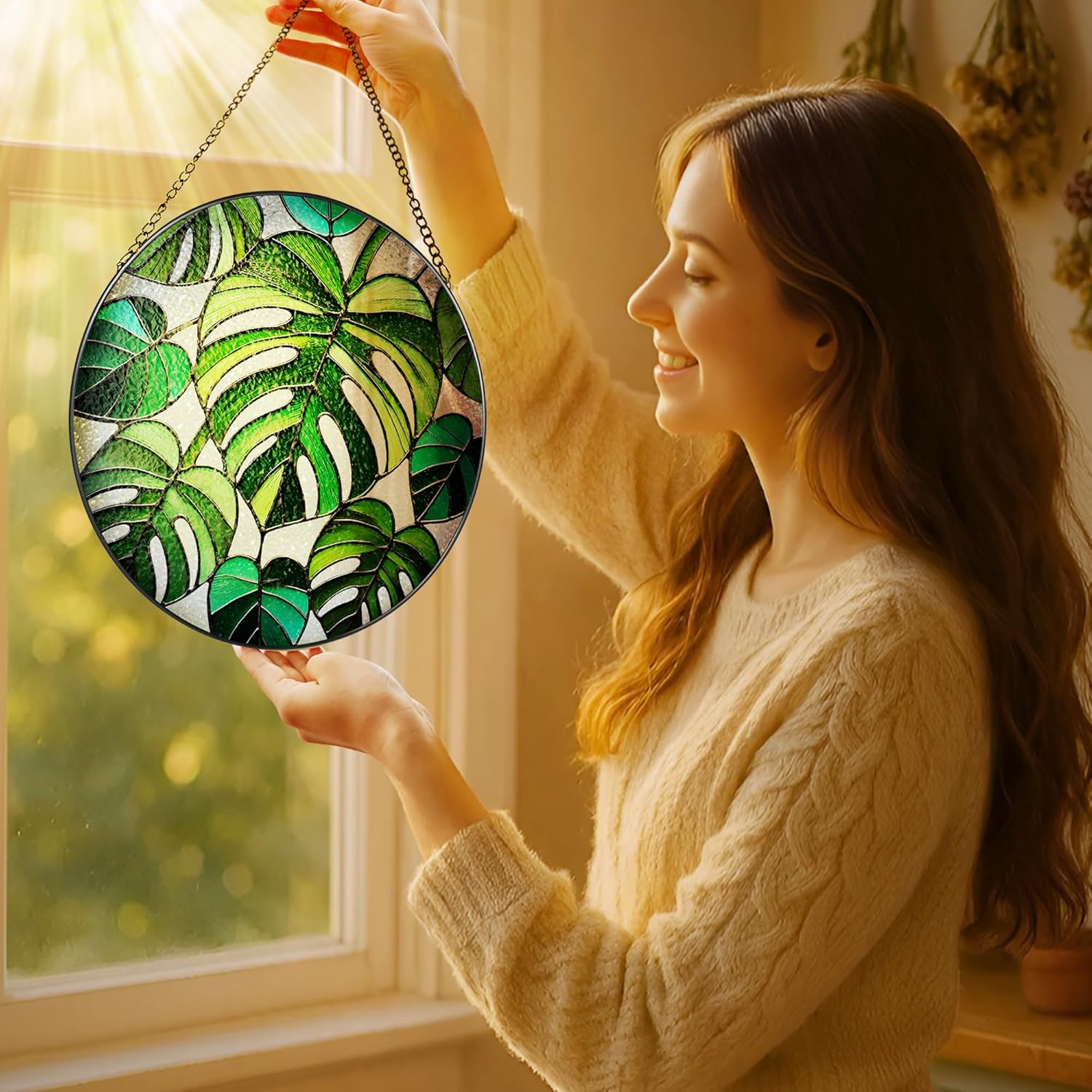 Stained Glass Window Hanging, 8 Inch Monstera Plant Stained Glass Suncatcher, Plant Sun Catcher, Plant Lover Decor, Plant Lover Gifts, Mother's Day, Birthday, Housewarming, Christmas, Festival Gifts