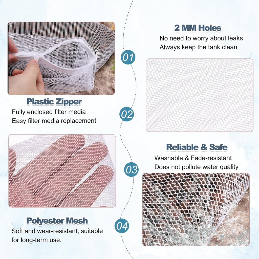 Aquarium Filter Media Bags, Fish Tank Fine Mesh Bag with Zipper Reusable Versatile 7 x 5 Inch, (White, 10Pcs), Intended for Fish Tank/Aquarium/Pond/Activated Carbon/Ceramic Rings