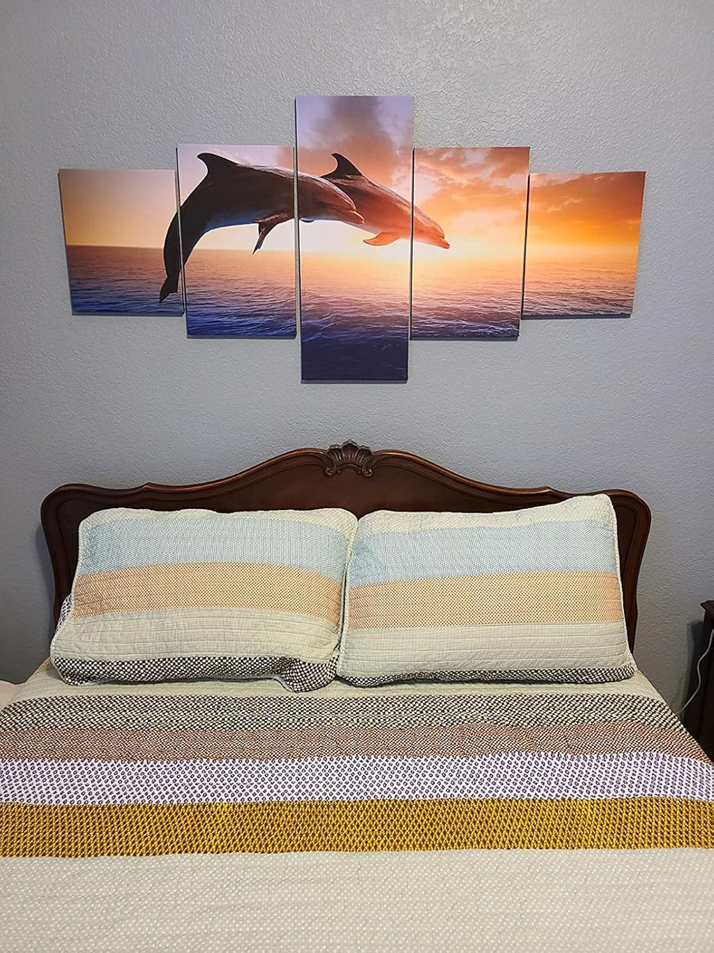 Wall Art for Living Room Two Dolphins over Sea Pictures Marine Wildlife Paintings 5 Piece Printed on Canvas Sunset Red Artwork House Modern Decor Framed Gallery-Wrapped Ready to Hang(60''Wx32''H)