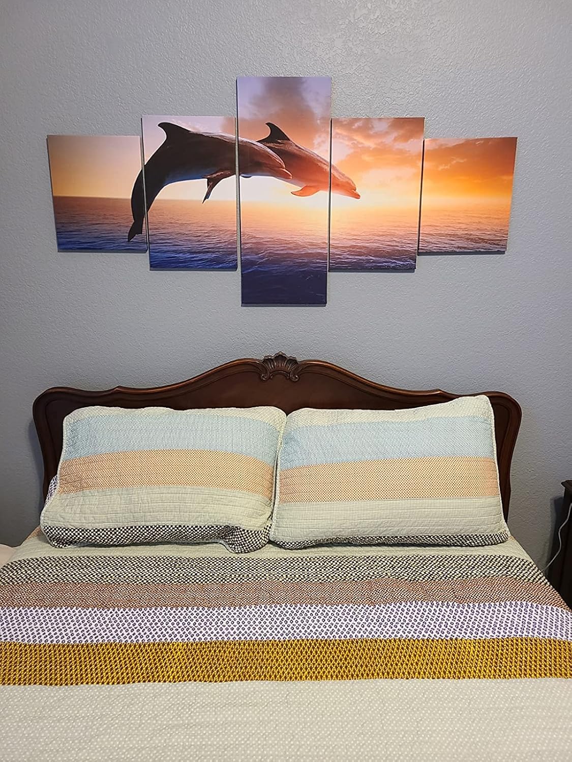 Wall Art for Living Room Two Dolphins over Sea Pictures Marine Wildlife Paintings 5 Piece Printed on Canvas Sunset Red Artwork House Modern Decor Framed Gallery-Wrapped Ready to Hang(60''Wx32''H)