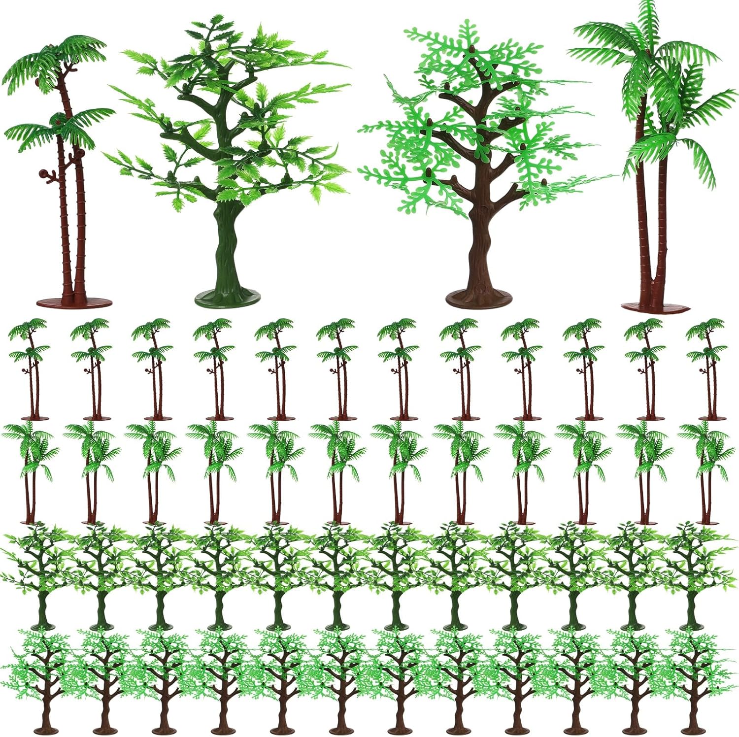 Janinka 48 Pcs Mini Toy Jungle Trees Plastic Model Coconut Trees Figurines with Base Cake Decoration Rainforest Diorama Supplies Scenery Architecture for Craft, Building, Scenery Landscape, 4 Styles