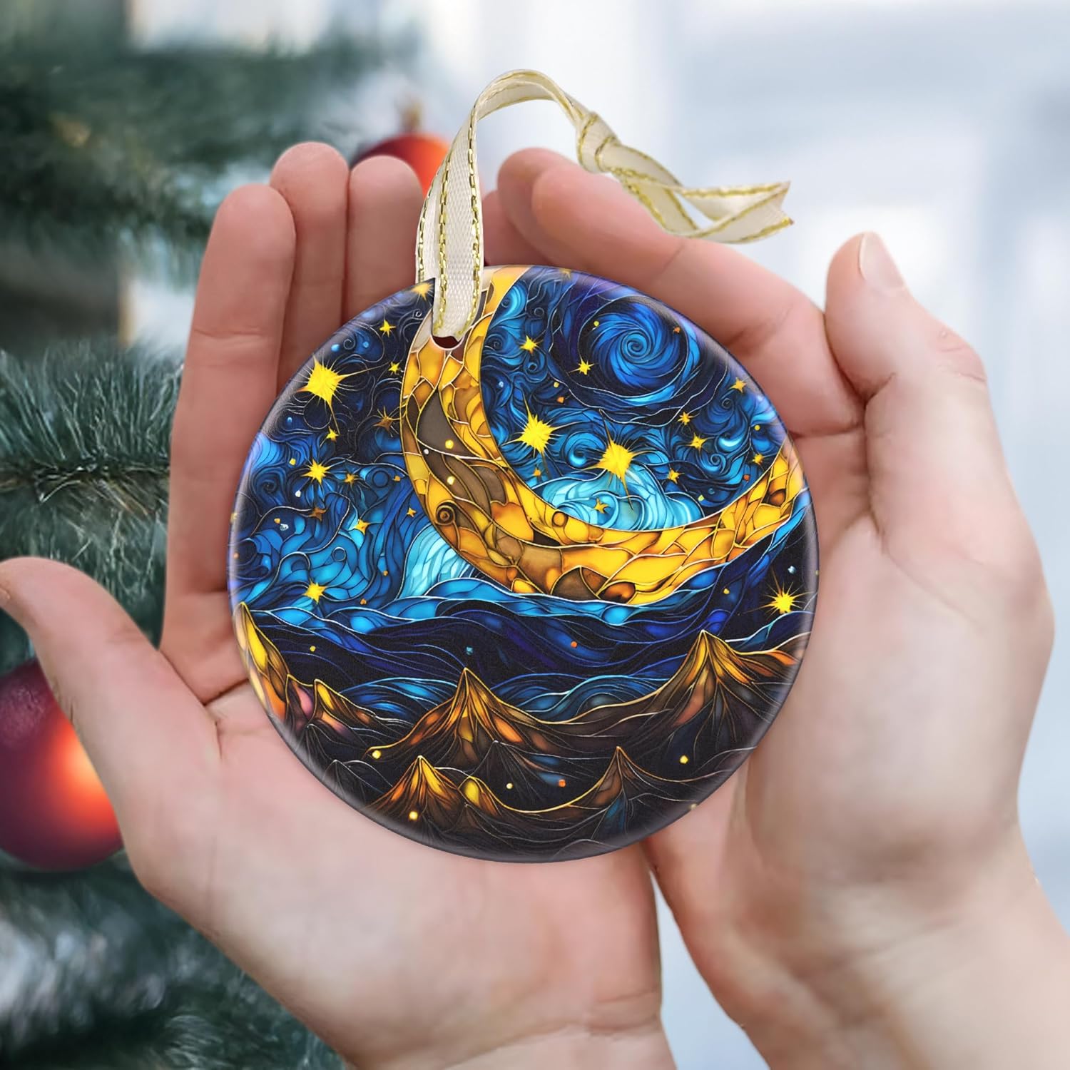 2025 Christmas Ornament - Christmas Tree Ornaments, Round Ceramic Holiday Decor - Gift Idea for Friends, Exchange - Retro Moon Star