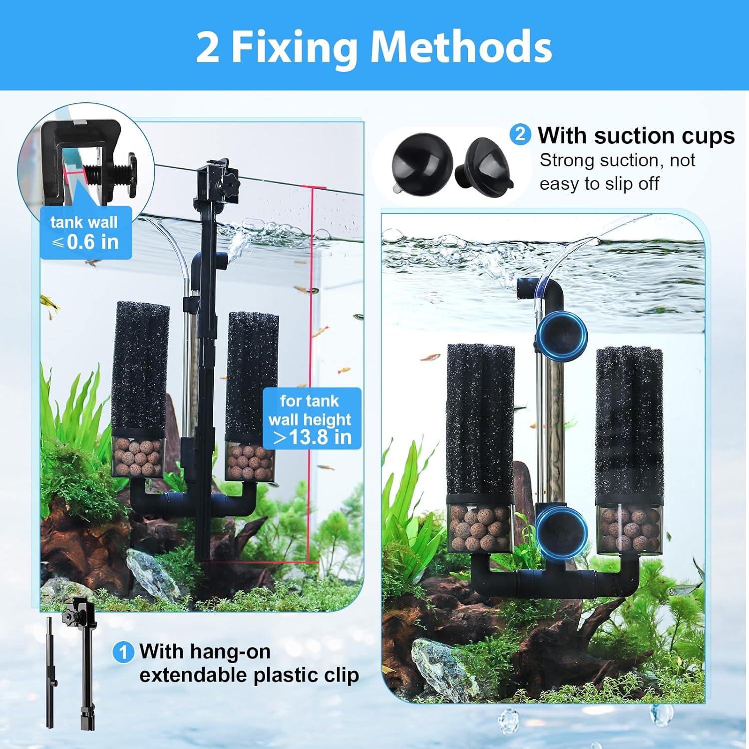 hygger Aquarium Double Sponge Filter: Upgraded Sponge Filter with Larger Filtration Area, Come with Extendable Clip, 2 Spare Biochemical Sponges, Bioceramic Balls, for Freshwater Saltwater Tank - S