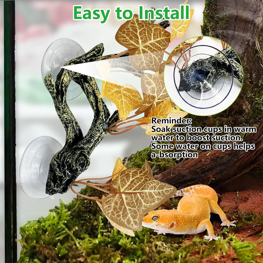 kathson 4 PCS Reptile Corner Branch Resin Snake Climb Tree Branch Decor Reptile Branches for Climbing with Suction Cups Frog Terrarium Plants for Lizard Bearded Dragons Gecko