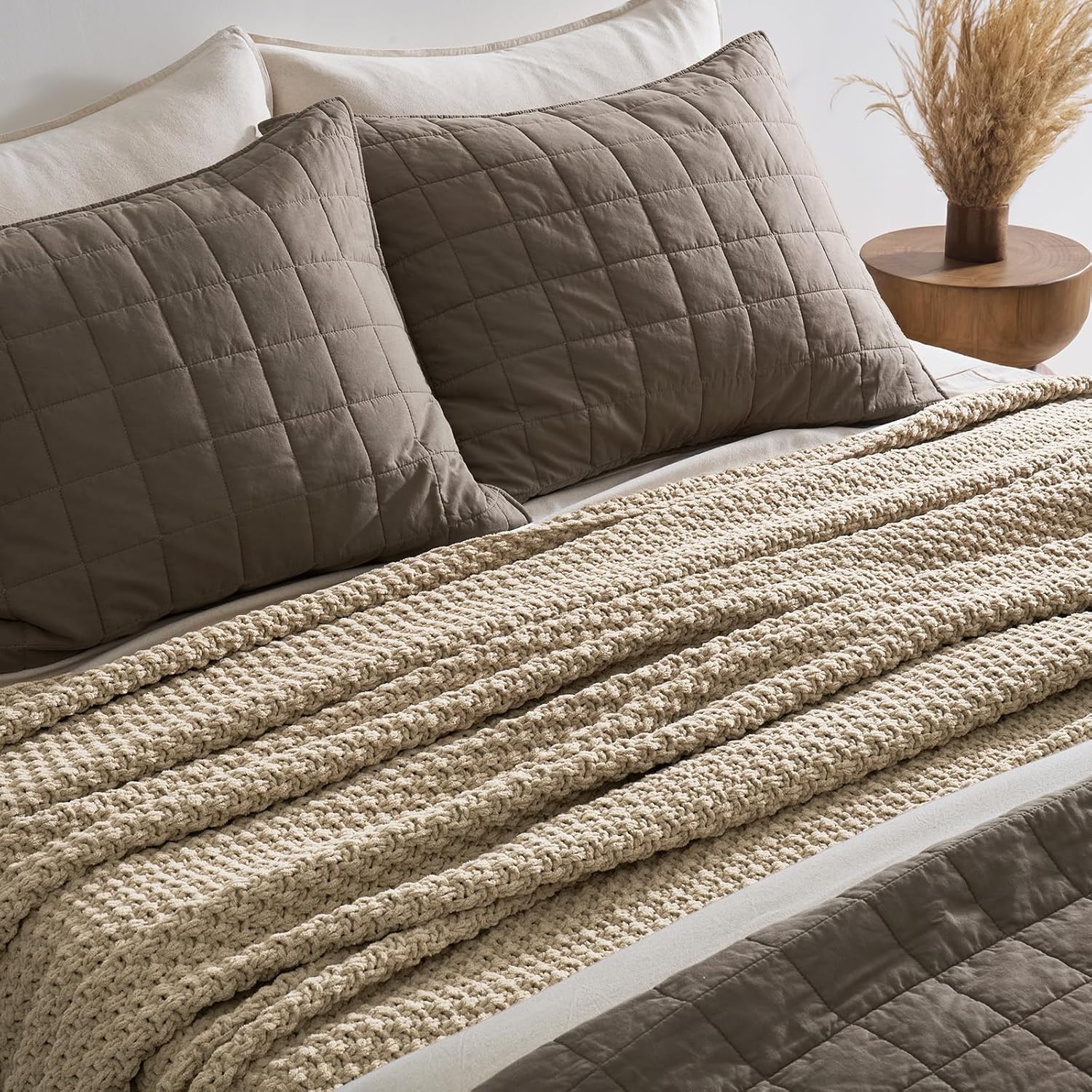 EVERGRACEHOME Chunky Chenille Knit Throw Blanket for Couch, Soft Luxurious Oversized King Moss Stitch Blanket for Bed, Large Cozy Farmhouse Knitted Throw for Sofa, Sand Dune, 92" x 108"