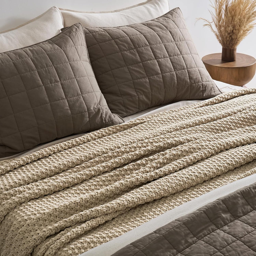 EVERGRACEHOME Chunky Chenille Knit Throw Blanket for Couch, Soft Luxurious Oversized Queen Moss Stitch Blanket for Bed, Large Cozy Farmhouse Knitted Throw for Sofa, Sand Dune, 90" x 90"