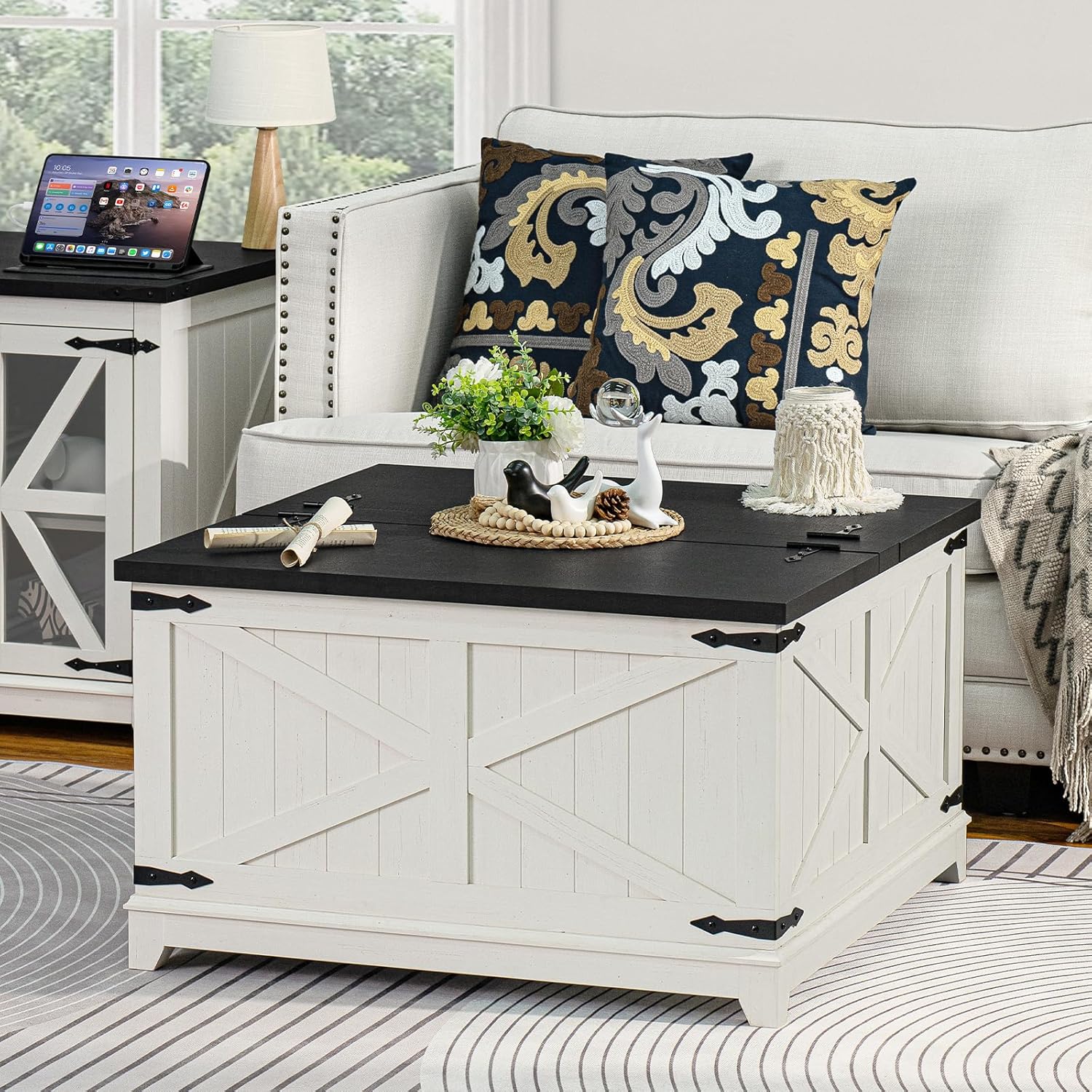 Farmhouse Coffee Table with Hidden Storage Compartment, Antique Black & White Square Large Center Table for Living Room, Wood Rustic Wide Coffee Tables with Hinged Lifting Tabletop for Home