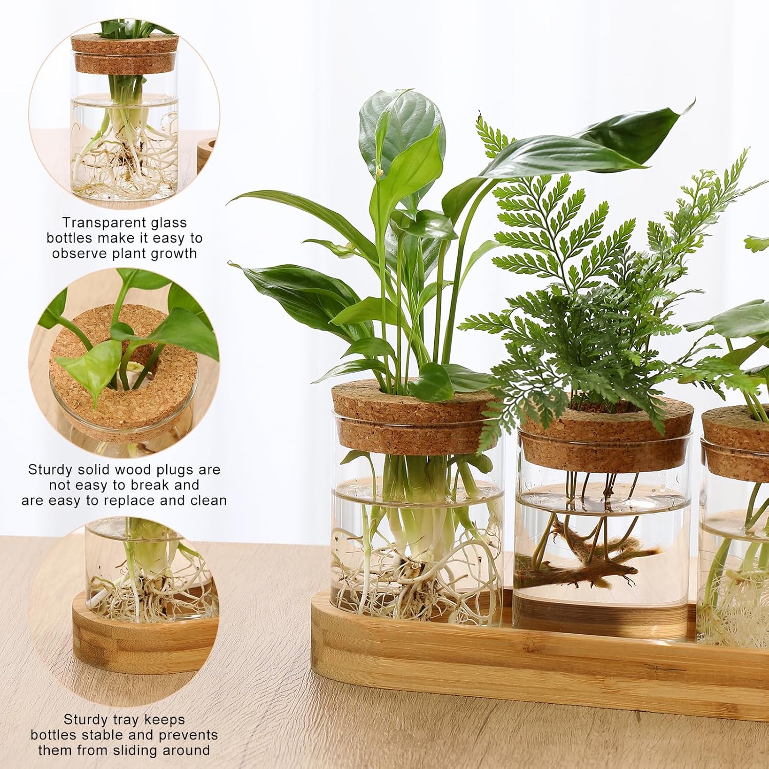 3Pcs Propagation Stations, Plant Terrarium with Lid and Wooden Stand,Desktop Glass Planter Hydroponics Vase,Home Office Living Room Decor Gifts