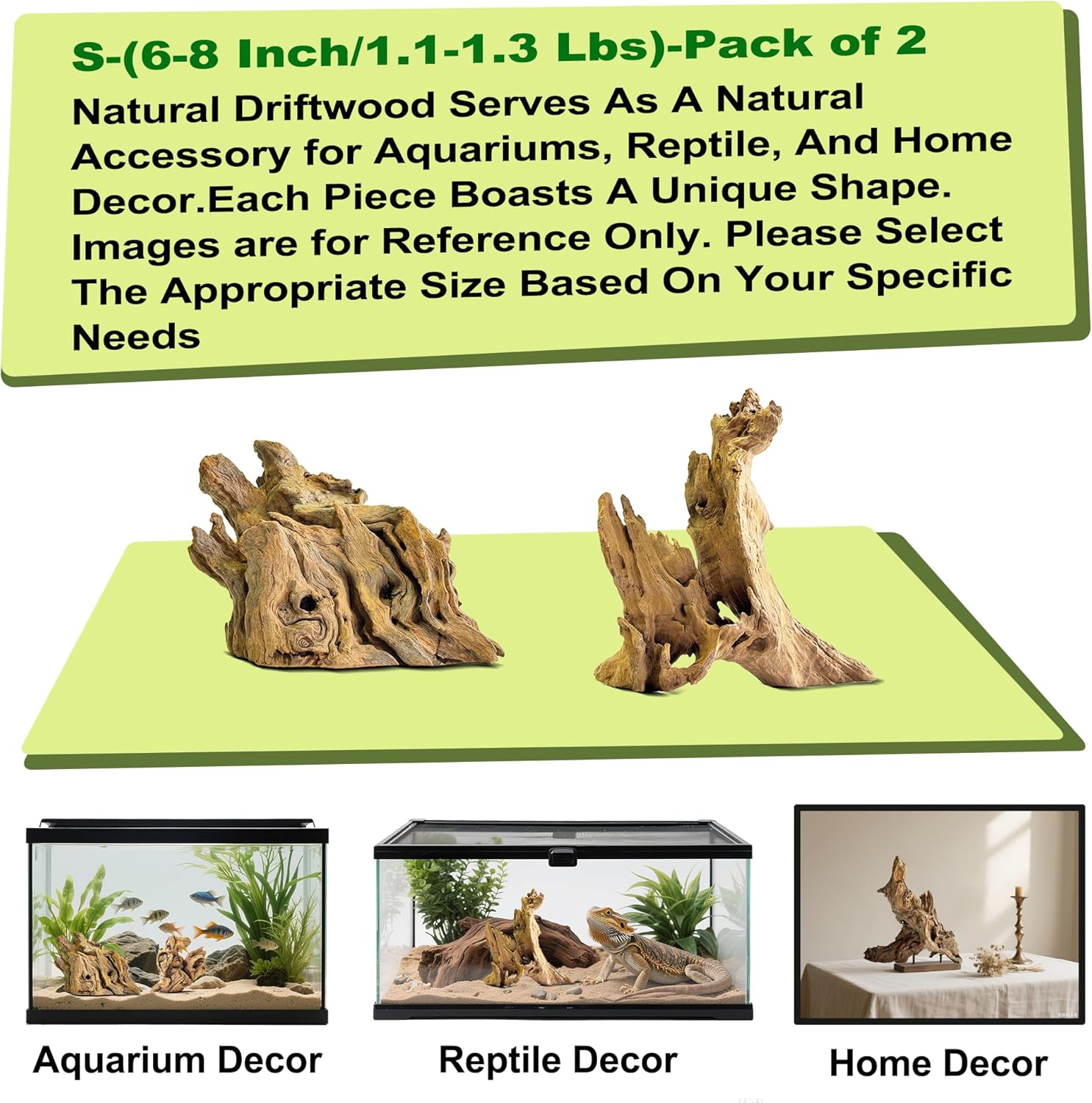 Natural Driftwood for Aquarium Decor,Reptile Habitat&Home DIY Decor,Naturally Unique Shapes Weathered Wood,Easy to Use S-(6-8 Inch/1.1-1.3 Lbs)-Pack of 2