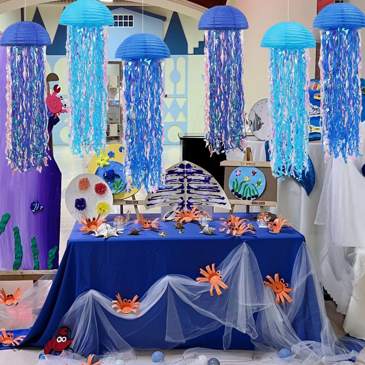 Mermaid Birthday Decorations, Jellyfish Paper Lanterns for Mermaid Party Baby Shower Under The Sea Ocean Blue Birthday Party Decorations Pack of 6 Blue