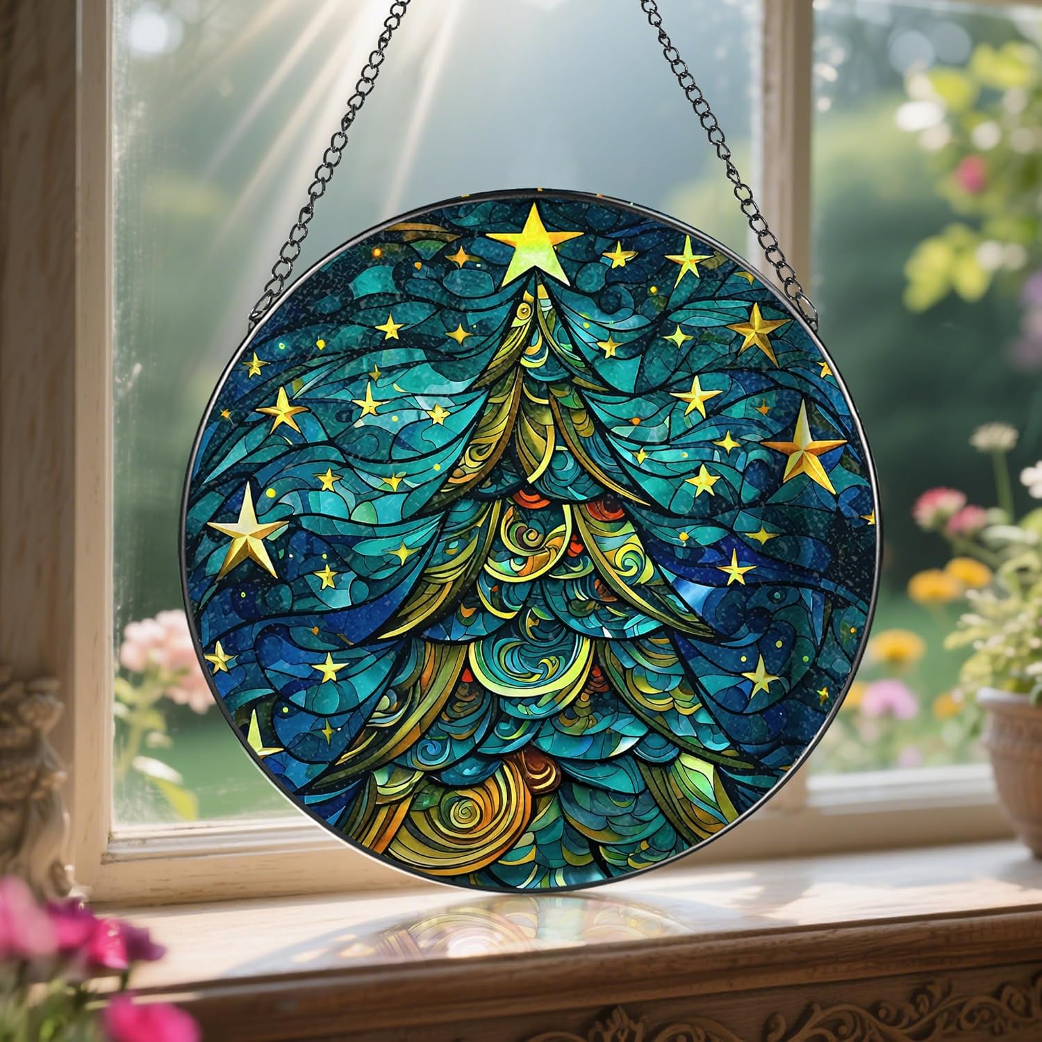 8-Inch Christmas Tree Suncatcher Ornament, Stained Glass Window Hanging & Stained Glass Holiday Ornament, Sun Catcher Window Decor — Keepsake Gift for Family, Coworkers & Friends, Gifts for Christmas