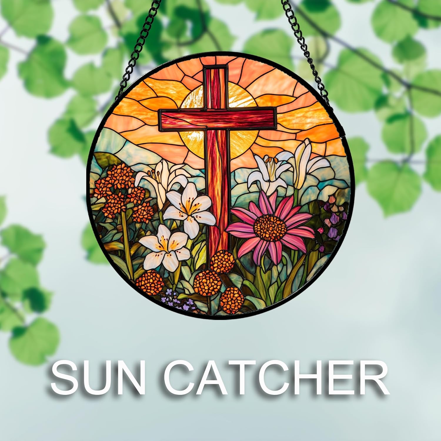Christian Gifts for Women - Cross Stained Glass Window Hanging Easter Flower Sunset Landscape Sun Catcher Garden Religion Decor Mother's Day Catholic Gift for Men Grandma Mom Her Nana 7.8"
