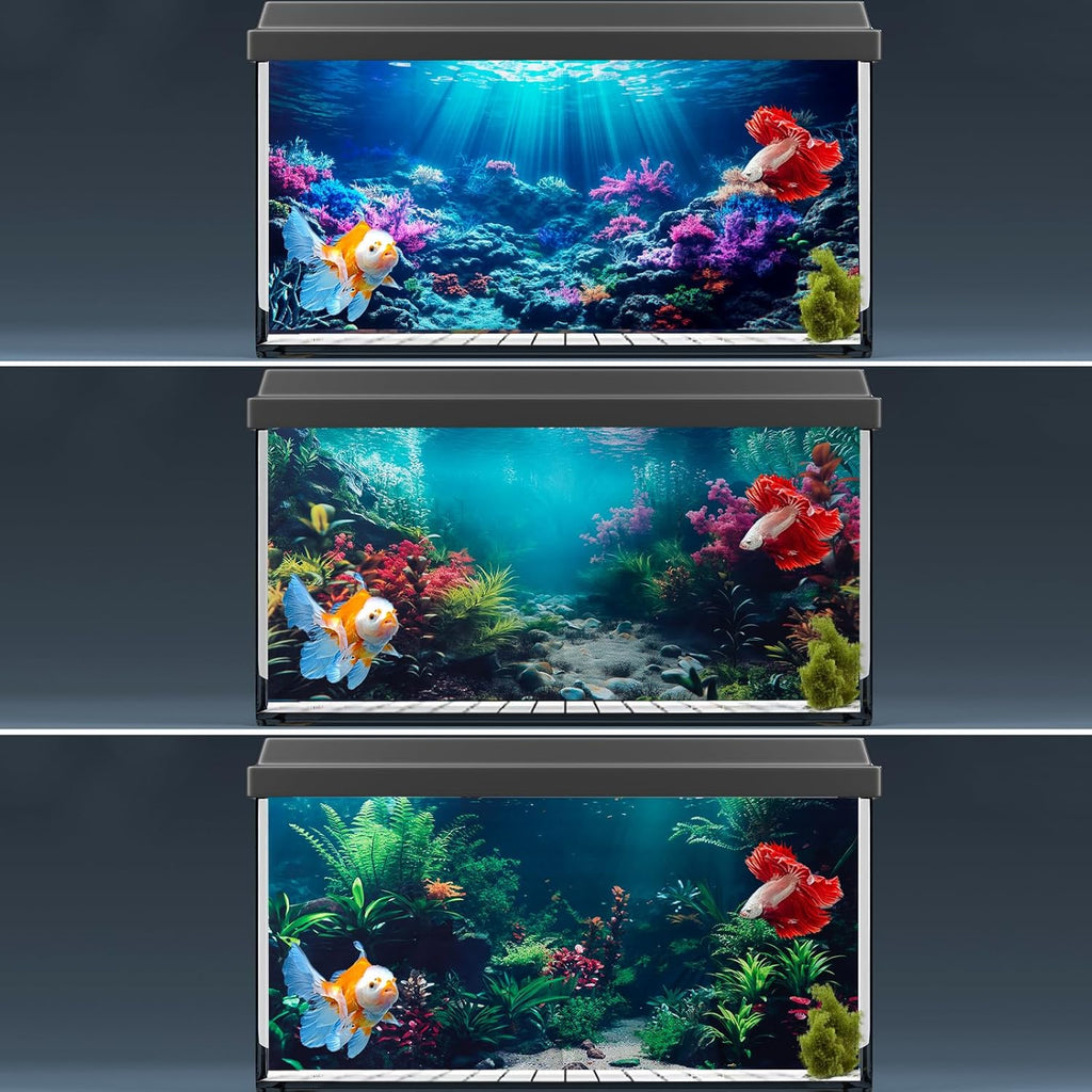 COMSUN 3 Pack Aquarium Background, 60x24 inches Polyester Aquarium Background, Cloth Fish Tank Background, Undersea Corals Sunshines & Rock Aquatic Plants