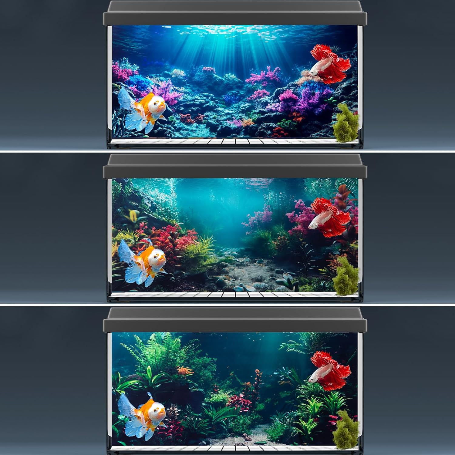 COMSUN 3 Pack Aquarium Background, 48x18 inches Polyester Aquarium Background, Cloth Fish Tank Background, Undersea Corals Sunshines & Rock Aquatic Plants