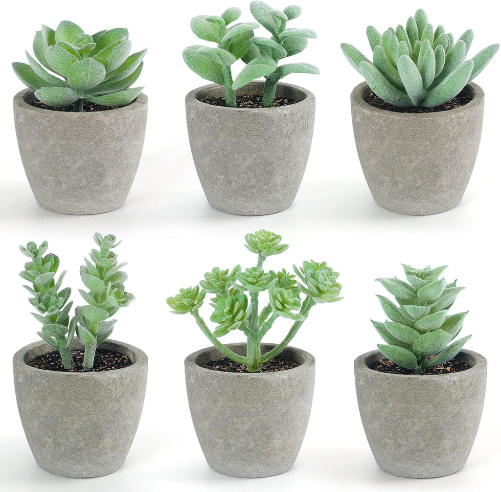 DomeStar 6PCS Small Fake Plants, Artificial Succulents Plants for Home Office Bathroom Kitchen Decor Green