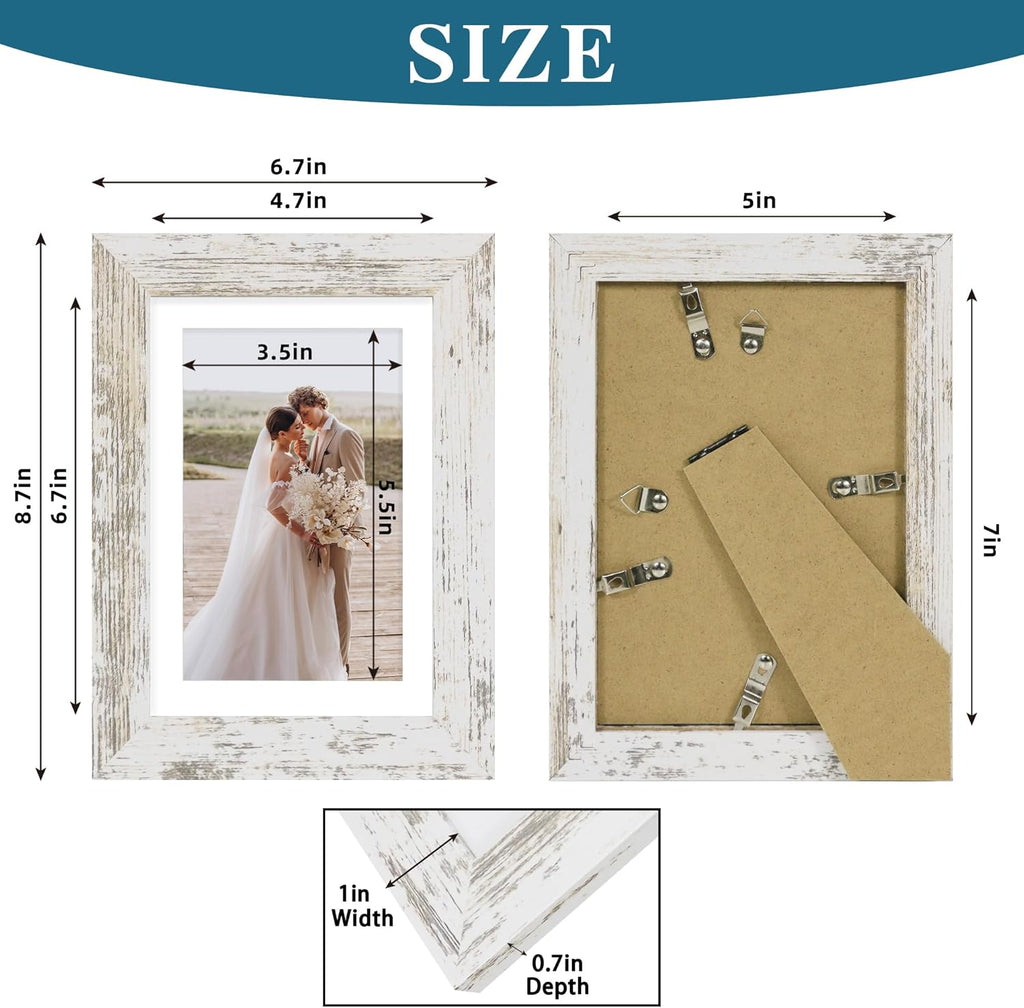 5x7 Picture Frame Set of 4, Made of Real Glass and Distressed White Wooden Frame, 5 by 7 Photo for Wall or Tabletop - Display Picture 4x6 with Mat or 5x7 Without Mat