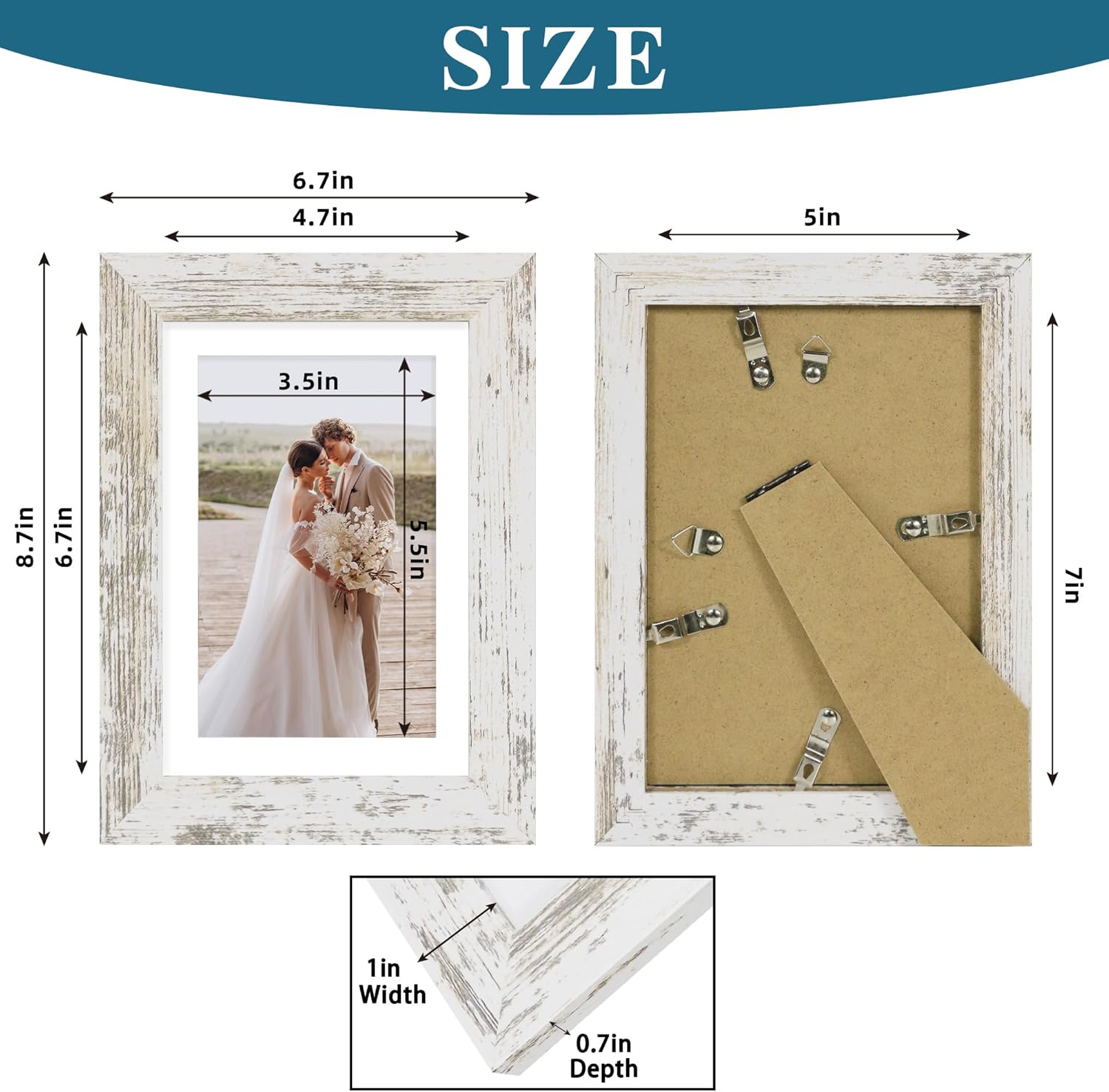 5x7 Picture Frame Set of 4, Made of Real Glass and Distressed White Wooden Frame, 5 by 7 Photo for Wall or Tabletop - Display Picture 4x6 with Mat or 5x7 Without Mat